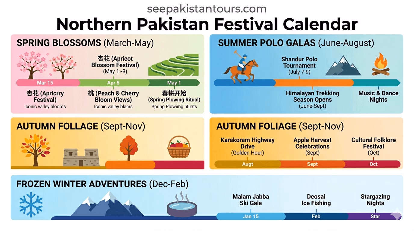 Infographic chart displaying the calendar year breakdown for peak cultural festivals in Gilgit-Baltistan and KPK including Chilam Joshi, Shandur Polo and Winter Frozen Galas.